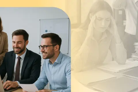 Une équipe souriante collabore, contrastant avec une femme stressée accablée par des piles de documents, illustrant la difficulté de gérer plusieurs projets en même temps.