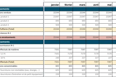 Tableau financier montrant un plan de trésorerie prévisionnel avec les encaissements et décaissements mensuels de janvier à juin.