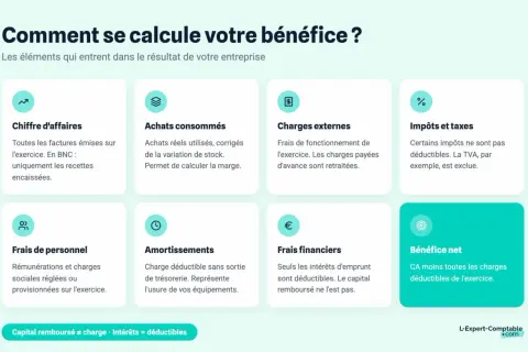 Infographie expliquant comment vérifier la santé financière d'une entreprise : chiffre d'affaires, achats, charges, impôts, personnel, amortissements, frais financiers et bénéfice net.