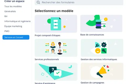 Interface pour exprimer un besoin : sélection de modèles pour des projets, bases de connaissances, services professionnels, assistance, et gestion de campagnes.