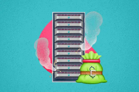 Serveur informatique en panne, symbolisant les coûts d'un logiciel de supervision défaillant. Un sac d'argent ceinturé à côté.