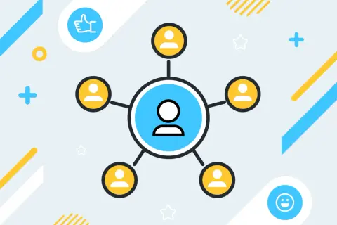 Schéma illustrant une **technique de management** : un cercle central avec une personne connectée à cinq autres cercles, chacun représentant un individu.