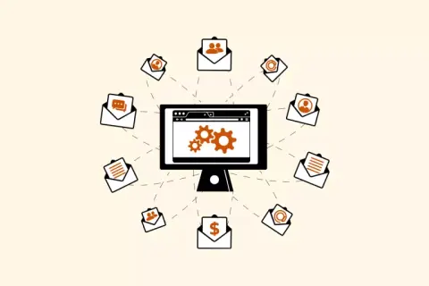 Un ordinateur central avec des engrenages, entouré d'enveloppes symbolisant des communications diverses, comme un logiciel de chat.
