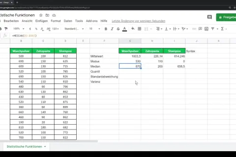 Tableau Google Sheets montrant des données de vente et des calculs statistiques, incluant la fonction MEDIAN pour trouver la valeur médiane.