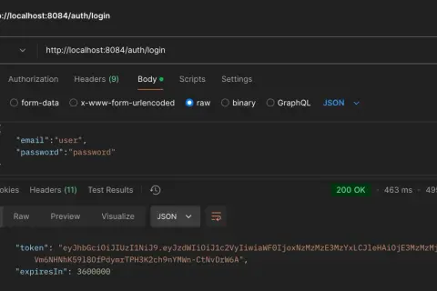 Connexion réussie avec spring security JWT. Le corps de la requête POST contient les identifiants, la réponse renvoie un token JWT.