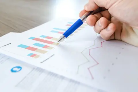 Main d'une personne pointant un graphique avec un stylo bleu. L'image illustre la veille informationnelle def.