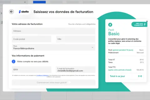 Interface Skello pour la saisie des données de facturation, offrant un pack Basic pour le skello planning.
