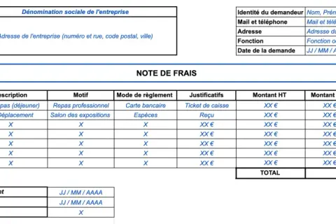 Formulaire de note de frais avec des exemples de dépenses professionnelles, comme des repas et des déplacements.