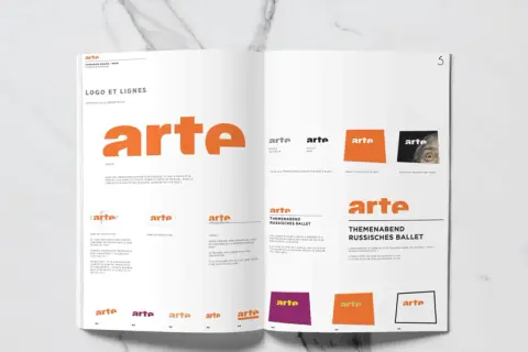 Exemple de cahier des charges fonctionnel : présentation du logo Arte, ses déclinaisons et règles d'utilisation.
