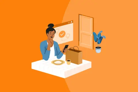 Une femme utilise une application prise de commande gratuit sur son téléphone, attendant son repas.