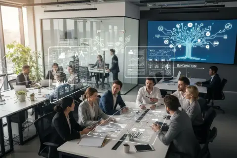 Équipe discutant autour d'une table, utilisant des outils de gestion d'entreprise futuristes projetés en 3D.