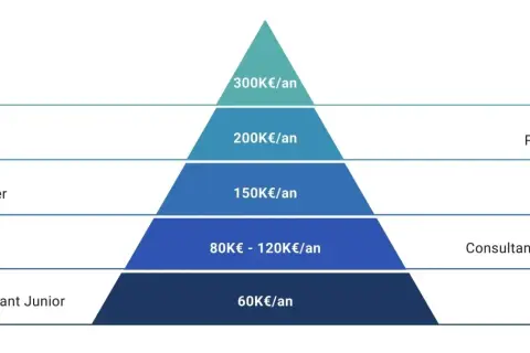Pyramide des salaires d'un consultant en gestion de projet : Junior (60K€), Senior (80-120K€), Manager (150K€), Principal (200K€), Partner (300K€).
