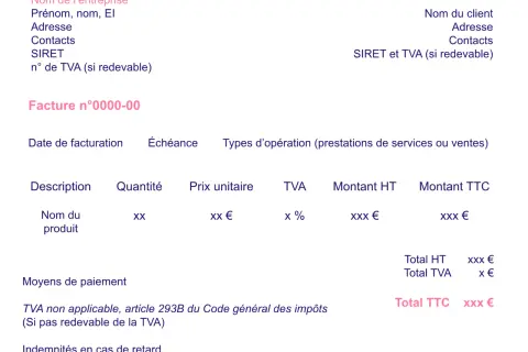 Modèle de facture pour auto entrepreneur, avec détails de l'entreprise, du client, des prestations et des montants HT et TTC.