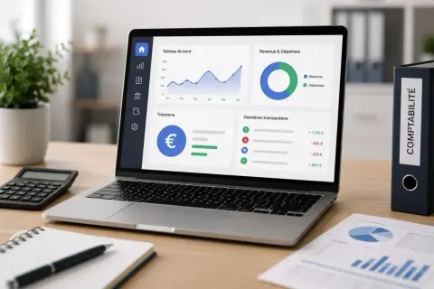 Tableau de bord d'un logiciel comptable affichant graphiques et transactions. Idéal pour gérer les finances, ce type de solution fait partie des logiciels comptables les plus utilisés.