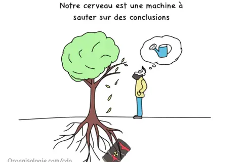 Un homme pense à arroser un arbre dont les racines touchent un fût toxique. Une illustration sur la **gestion des non conformités** et les conclusions hâtives.