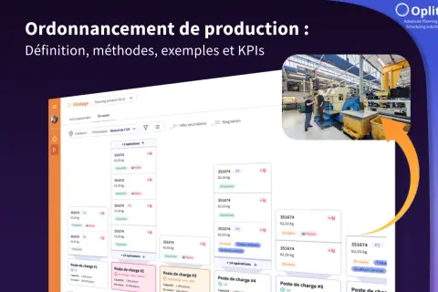 Tableau de bord montrant l'ordonnancement de production avec des tâches en cours, des priorités et des statuts.