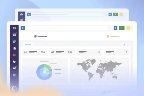 Tableaux de bord numériques affichant des données pour le **software asset management**. Graphiques, cartes du monde et statistiques.