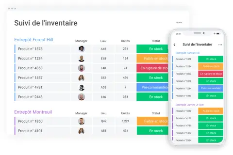Tableau de suivi d'inventaire avec statuts (en stock, faible, rupture). Idéal pour un logiciel gestion stock gratuit.