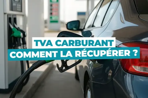 Une voiture fait le plein à une station-service. Le texte indique "TVA carburant, comment la récupérer ?", suggérant une discussion sur la comptabilisation de la TVA sur le carburant.