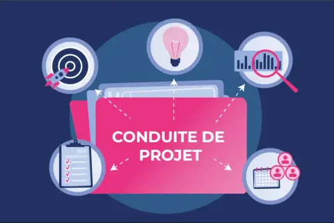 Icône de dossier rose "Conduite de projet" entourée d'icônes : fusée, ampoule, graphique, liste, calendrier. Illustration des enjeux d'un projet.