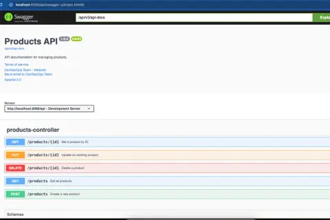 Interface Swagger pour une API Spring Boot, affichant les endpoints pour gérer les produits : GET, PUT, DELETE, POST.