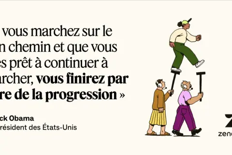 Illustration d'une citation de Barack Obama sur la progression, symbolisant le travail d'équipe. Une personne marche sur les épaules d'autres, qui la soutiennent.