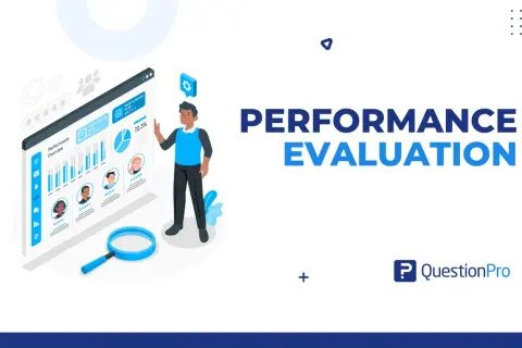 Un homme analyse un tableau de bord de revue de performance avec des graphiques et des évaluations. Le mot "PERFORMANCE EVALUATION" est affiché en grand.