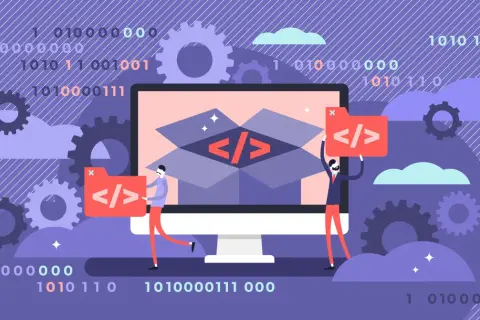 Des développeurs collaborent, symbolisant la communauté open source. Des engrenages et du code binaire évoquent la technologie et l'innovation.