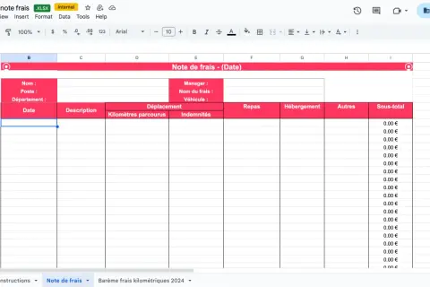 Modèle de note de frais vierge dans un tableur, prêt à enregistrer vos dépenses de déplacement, repas et hébergement.