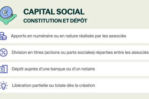 Le capital social : apports, division en titres, dépôt bancaire et libération. Définition des étapes clés pour constituer le capital d'une entreprise.