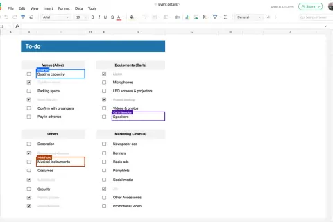 Comment utiliser Google Sheets pour organiser un événement : une liste de tâches avec des éléments comme "Musical instruments" et "Speakers".
