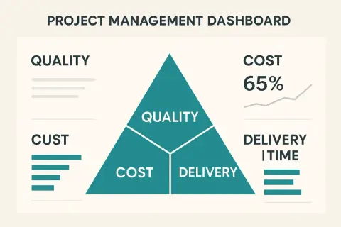 Tableau de bord de gestion de projet : un triangle d'or projet illustre la qualité, le coût (65%) et la livraison.