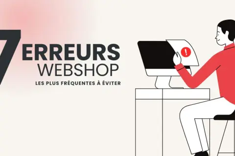 7 erreurs webshop à éviter pour une solution e-commerce réussie. Un homme regarde un écran d'ordinateur avec un point d'exclamation.