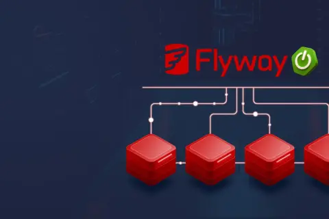 Logo Flyway et des icônes de base de données connectées, symbolisant la gestion des migrations de base de données pour des applications Spring Boot.