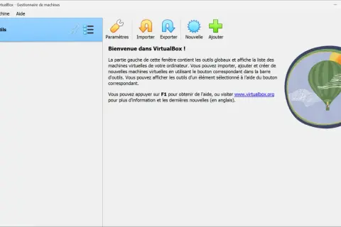 Interface de VirtualBox, le meilleur machine virtuelle, avec des icônes pour importer, exporter et ajouter des machines. Une montgolfière stylisée flotte dans un cercle.