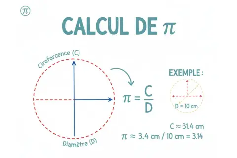 Le calcul de π : la circonférence divisée par le diamètre. Un exemple montre que pour un diamètre de 10 cm, π vaut environ 3.14.