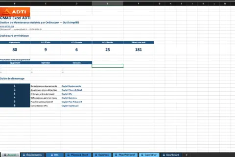 Tableau de bord GMAO Excel ADTI : 80 équipements, 9 OTs à faire, 6 en cours, 25 clôturés, 181 pièces sous seuil. Guide de démarrage inclus.