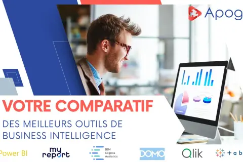Un homme souriant regarde un écran d'ordinateur affichant des graphiques. Le texte "VOTRE COMPARATIF DES MEILLEURS OUTILS DE BUSINESS INTELLIGENCE" suggère un logiciel d'aide à la décision.