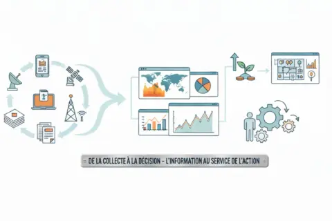 Schéma illustrant un système d'information de gestion : collecte de données (satellites, antennes, mobile, PC) vers analyse (cartes, graphiques) et décision (croissance, homme, rouages).