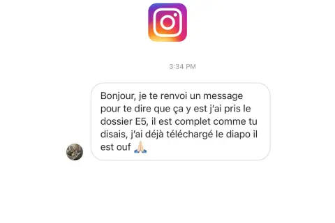 Un message Instagram annonce la fin du dossier E5 et le téléchargement d'un diaporama pour un diaporama gestion de projet BTS SAM exemple.
