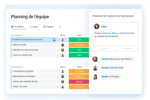 Tableau de planification d'équipe. La tâche "Finaliser le matériel de lancement" est en cours, avec des commentaires d'équipe.
