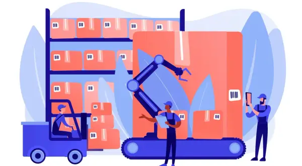 Un entrepôt moderne avec un chariot élévateur, un bras robotisé et des employés utilisant un logiciel de gestion d'entrepôt pour scanner des colis.