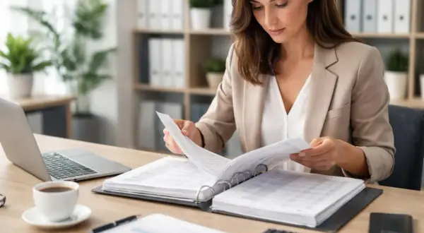Femme d'affaires examinant des documents pour une meilleure réduction des coûts. Bureau, ordinateur portable, café.