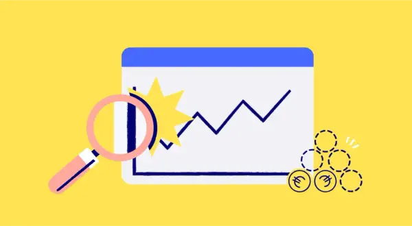 Loupe examinant un graphique de performance financière en hausse, avec des symboles d'euros.