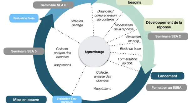 Schéma illustrant un cycle d'apprentissage continu, utile pour une étude de cas management, avec des étapes clés comme l'identification des besoins, le développement, le lancement et l'évaluation.