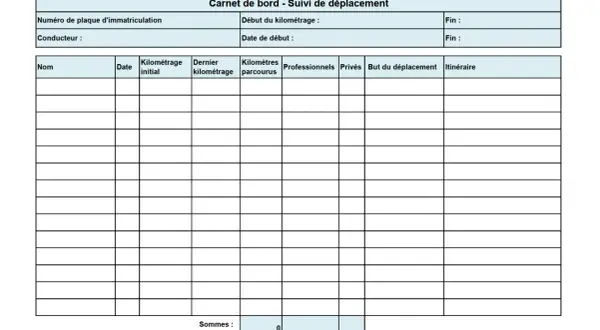 Modèle gratuit de tableau suivi véhicule Excel pour enregistrer les déplacements, avec champs pour kilométrage, dates et itinéraire.