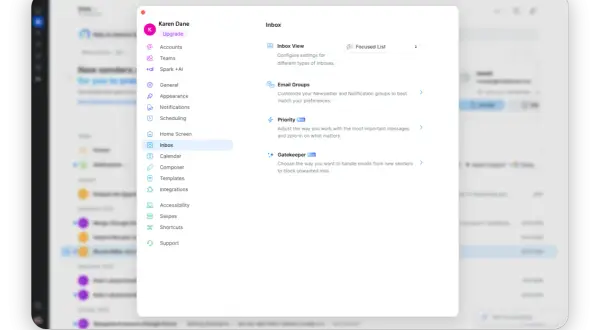 Interface de logiciel de messagerie électronique pour ordinateur, affichant les paramètres de la boîte de réception.