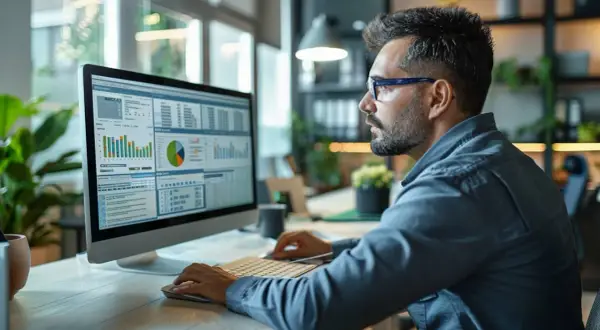 Un homme analyse des graphiques et des données sur son écran, un exemple d'audit informatique.