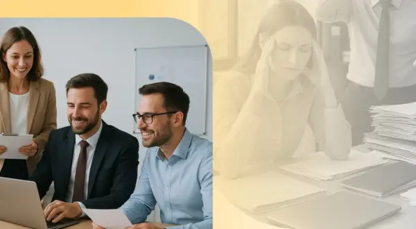 Une équipe souriante collabore, contrastant avec une femme stressée accablée par des piles de documents, illustrant la difficulté de gérer plusieurs projets en même temps.