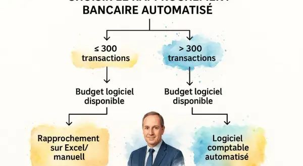 Diagramme de décision pour le rapprochement bancaire automatisé. Si moins de 300 transactions, rapprochement sur Excel/manuel. Si plus, logiciel comptable automatisé.